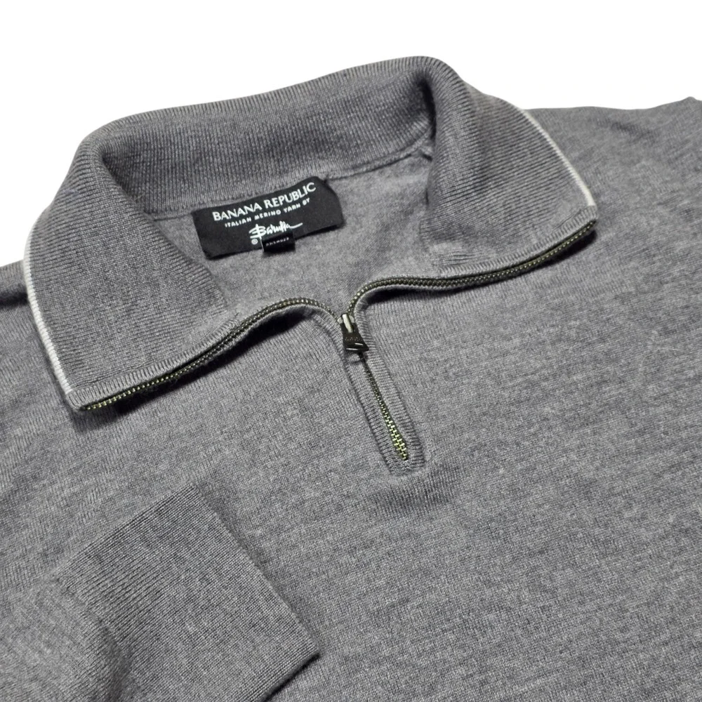 Banana Republic Mens Italian Merino Wool Quarter Zip Sweater Medium Grey Heather